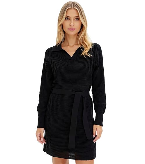 Damen Strick-Kleid Mini-Kleid mit Polo-Kragen Langarm-Kleid Baumwoll-Kleid 905509 Schwarz