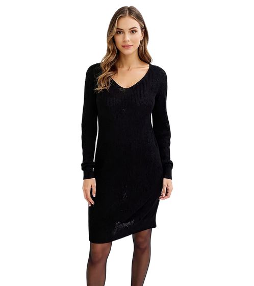 Damen Strick-Kleid mit V-Ausschnitt Mini-Kleid mit geradem Schnitt Langarm-Kleid 971974 Schwarz
