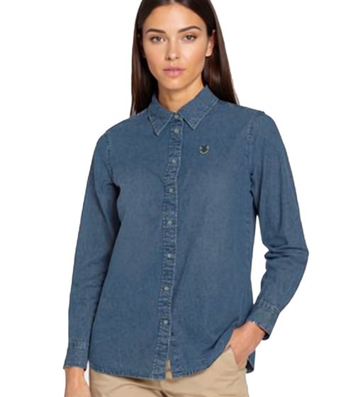 DELMAO Damen Jeans-Bluse Baumwoll-Hemd mit durchgehender Knopfleiste 99855860 Blau