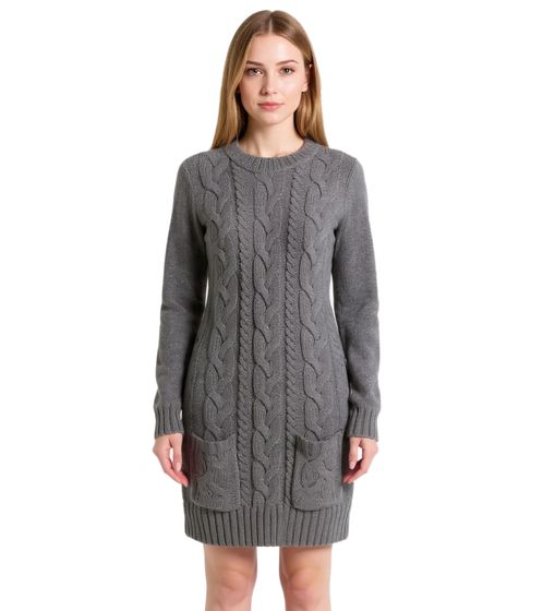 Damen Strick-Kleid mit Rollkragen Pullover-Kleid im Zopfmuster 907965 Grau