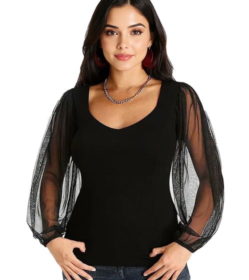 melrose Damen Shirt mit Ballonärmeln aus Mesh Party-Shirt 91426738 Schwarz