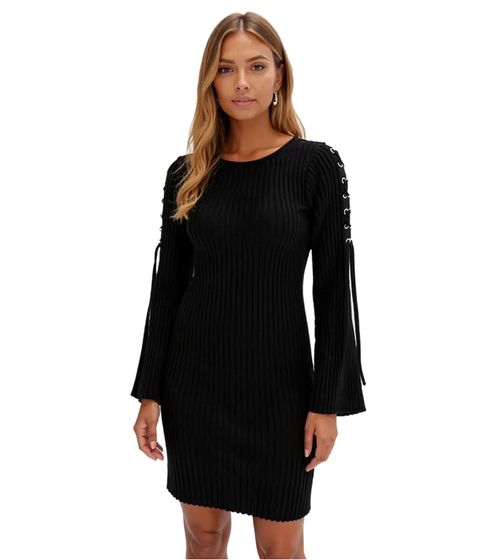Damen Strick-Kleid mit Schnürung Mini-Kleid Langarm-Kleid 912630 Schwarz