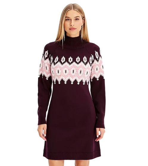 Damen Fair-Isle-Strick-Minikleid mit Rollkragen Langarm-Kleid 976263 Weinrot