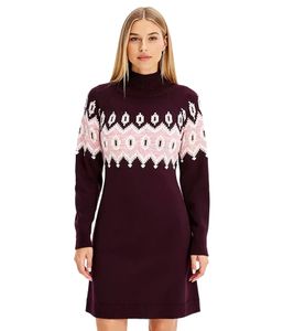 Vestido corto de punto Fair Isle para mujer, cuello alto, manga larga, 976263, rojo vino Vestido corto de punto Fair Isle para mujer, cuello alto, manga larga, 976263, rojo vino