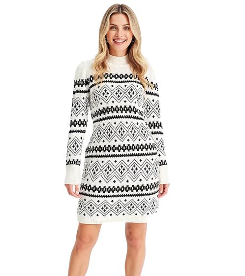 Miniabito da donna in maglia Fair Isle con collo alto, abito a maniche lunghe 946814 Bianco