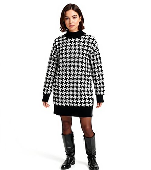 Damen Strick-Kleid mit Hahnentritt-Muster Mini-Kleid mit langen Ärmeln und Stehkragen 914658 Schwarz/Weiß