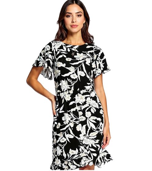Laura Scott Damen Jersey-Kleid elegantes Sommer-Kleid A-Linie Midi-Kleid 75329162 Schwarz/Beige