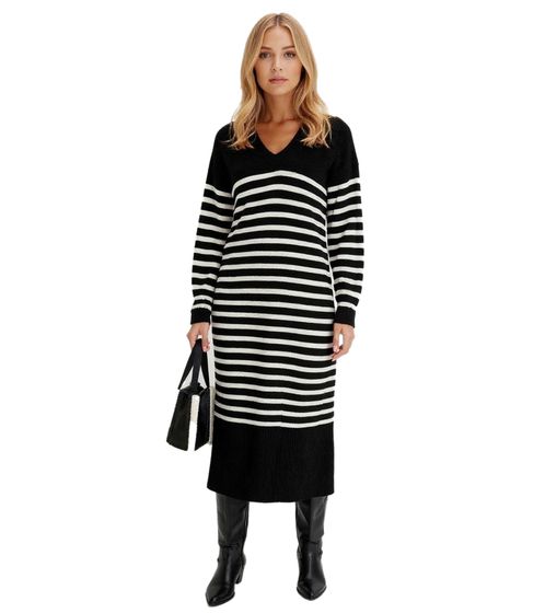 Damen Midi-Kleid gestreiftes Langarm-Kleid mit V-Ausschnitt Strick-Kleid 948157 Schwarz