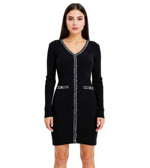 Damen Ripp-Strick-Kleid mit Zierstreifen und Zier-Taschen Mini-Kleid mit langen Ärmeln 913875 Schwarz