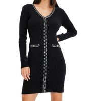 Vestido de punto acanalado para mujer con rayas decorativas y bolsillos, minivestido de manga larga, 913875 negro