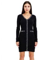 Vestido de punto acanalado para mujer con rayas decorativas y bolsillos, minivestido de manga larga, 913875 negro