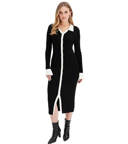 Damen gestricktes Midi-Hemdkleid Langarm-Kleid mit V-Ausschnitt Strick-Kleid 969584 Schwarz