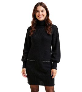 Damen Strick-Kleid Mini-Kleid mit Rollkragen Langarm-Kleid 933115 Schwarz