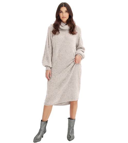 weiches Damen Midi-Kleid mit weitem Rollkragen Langarm-Kleid 935820 Grau