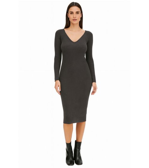 Damen Midi-Kleid mit Rippenstrick Langarm-Kleid schmales Strick-Kleid 933773 Grau