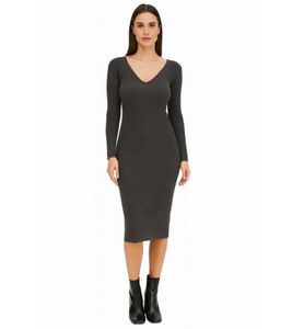 Vestido midi de canalé para mujer, manga larga, punto fino, 933773 gris Vestido midi de canalé para mujer, manga larga, punto fino, 933773 gris