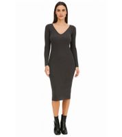 Robe mi-longue côtelée pour femme, manches longues, en maille fine, 933773 Gris