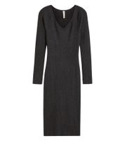 Robe mi-longue côtelée pour femme, manches longues, en maille fine, 933773 Gris