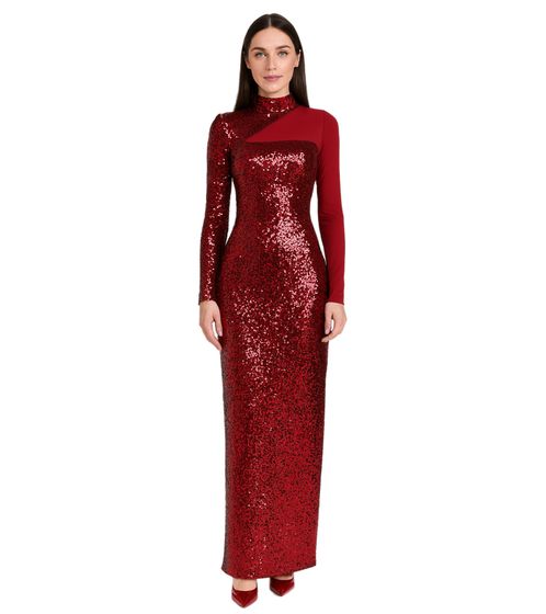 Robe à paillettes avec empiècement en maille, manches longues et col montant, robe de soirée 932832 Rouge