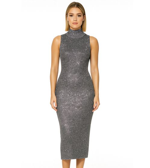 Robe mi-longue scintillante et brillante pour femme, robe en maille côtelée à manches longues, robe en maille à col montant, 954335 Gris