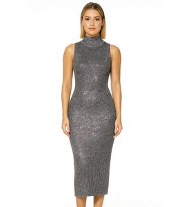Damen Midi-Kleid funkelnd und glänzend armloses Kleid mit Rippenstrick Strick-Kleid mit Stehkragen 954335 Grau Damen Midi-Kleid funkelnd und glänzend armloses Kleid mit Rippenstrick Strick-Kleid mit Stehkragen 954335 Grau