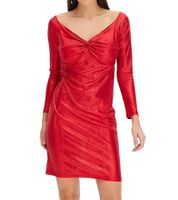 Elegant women's jersey dress with metallic effect, evening dress with long sleeves, 922945 Red