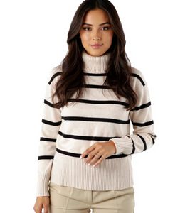 Tamaris Damen Strick-Pullover Oversized Pulli mit großem Rollkragen 25643142 Beige/Schwarz