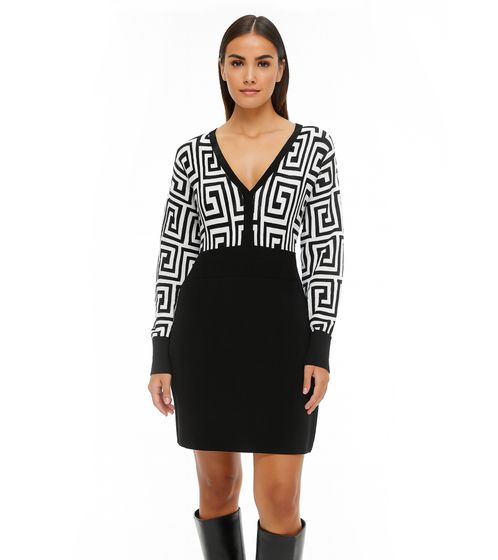 Robe en maille à motif graphique pour femme, mini-robe à manches longues, 976171, noir/blanc