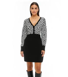 Vestido de punto para mujer con estampado gráfico, minivestido de manga larga, 976171 negro/blanco Vestido de punto para mujer con estampado gráfico, minivestido de manga larga, 976171 negro/blanco