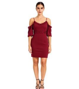 Robe courte en dentelle pour femme, épaules dénudées, fines bretelles réglables, 951142 Bordeaux-Rouge