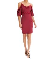 Vestido de encaje para mujer, minivestido con hombros descubiertos y tirantes finos ajustables, 951142 burdeos-rojo