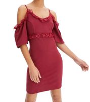 Vestido de encaje para mujer, minivestido con hombros descubiertos y tirantes finos ajustables, 951142 burdeos-rojo