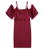 Vestido de encaje para mujer, minivestido con hombros descubiertos y tirantes finos ajustables, 951142 burdeos-rojo