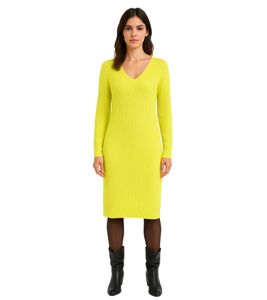 Damen Strick-Kleid mit V-Ausschnitt Midi-Kleid 970677 Gelb Damen Strick-Kleid mit V-Ausschnitt Midi-Kleid 970677 Gelb