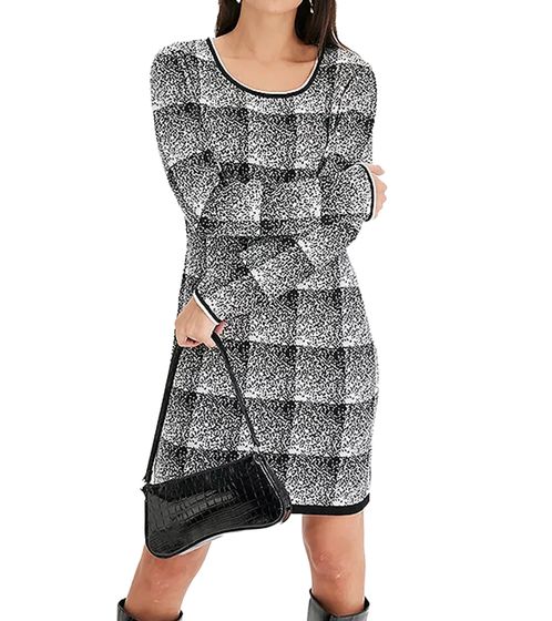 Damen Strick-Kleid im Karomuster Mini-Kleid mit langen Ärmeln 975864 Schwarz/Weiß