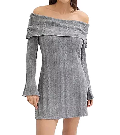 Damen Strick-Kleid mit Bardot-Ausschnitt Mini-Kleid Schulterfrei 912333 Grau