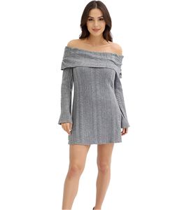 Damen Strick-Kleid mit Bardot-Ausschnitt Mini-Kleid Schulterfrei 912333 Grau Damen Strick-Kleid mit Bardot-Ausschnitt Mini-Kleid Schulterfrei 912333 Grau
