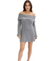 Vestido de punto para mujer con escote Bardot y hombros descubiertos, gris, 912333