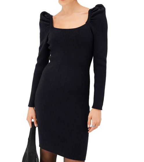 Damen Ripp-Strick-Kleid mit Karree-Ausschnitt Mini-Kleid mit langen Ärmeln 906800 Schwarz