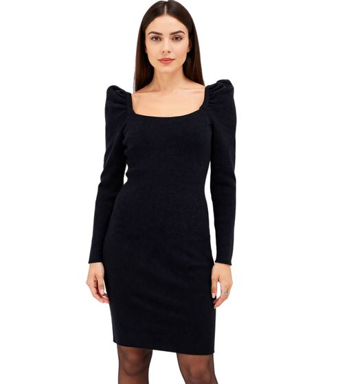 Robe courte en maille côtelée à encolure carrée et manches longues, 906800 Noir