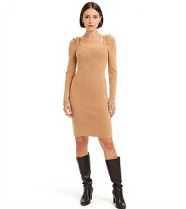 Damen Ripp-Strick-Kleid mit Karree-Ausschnitt Mini-Kleid mit langen Ärmeln 921895 Braun