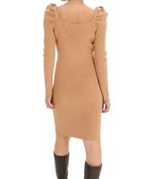 Robe courte en maille côtelée à encolure carrée et manches longues pour femme (921895) Marron