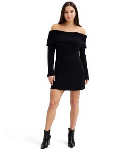 Damen Strick-Kleid mit Bardot-Ausschnitt Mini-Kleid Schulterfrei 970506 Schwarz Damen Strick-Kleid mit Bardot-Ausschnitt Mini-Kleid Schulterfrei 970506 Schwarz