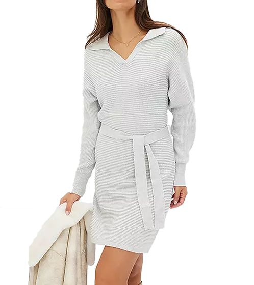 Women's Knit Dress, Mini Dress with Polo Collar, Long-Sleeved Cotton Dress, 917467 Gray