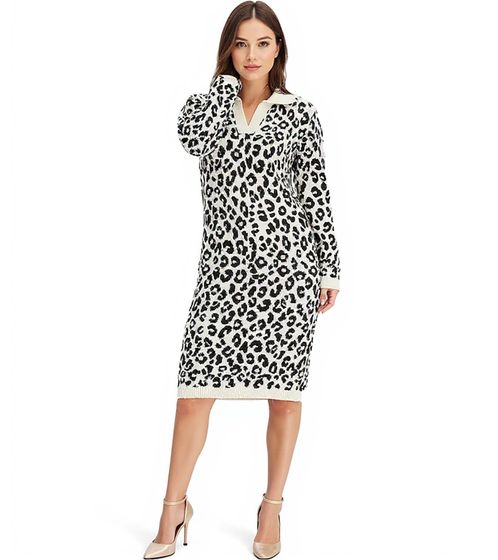 Robe en maille pour femme, robe d'affaires à imprimé léopard, manches longues, 971225, blanc/noir