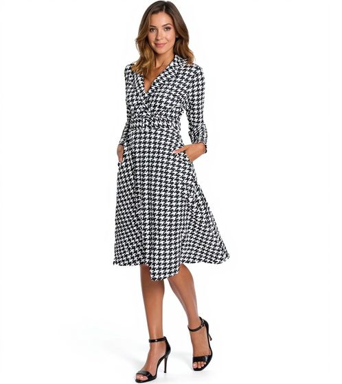 Damen Strick-Kleid Business-Kleid im Hahnentrittmuster mit Gürtel Langarm-Kleid 912240 Weiß/Schwarz
