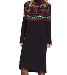 Women's Fair Isle Knit Turtleneck Mini Dress, Long Sleeve Dress, Black, 976460