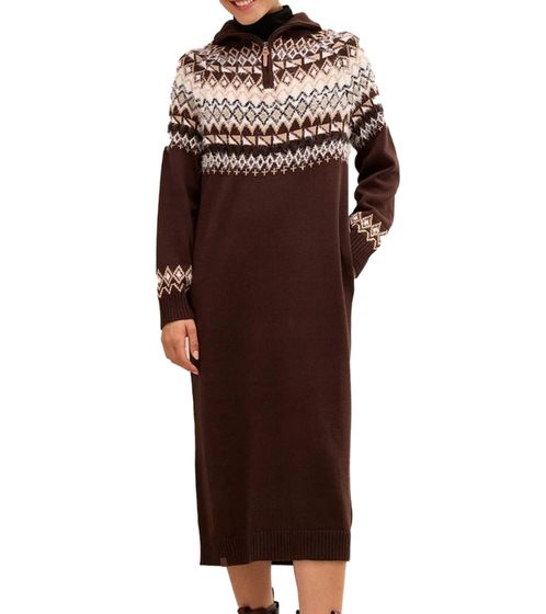 Damen Strick-Kleid Mini-Kleid mit kurzem Reißverschluss Langarm-Kleid 940631 Dunkelbraun