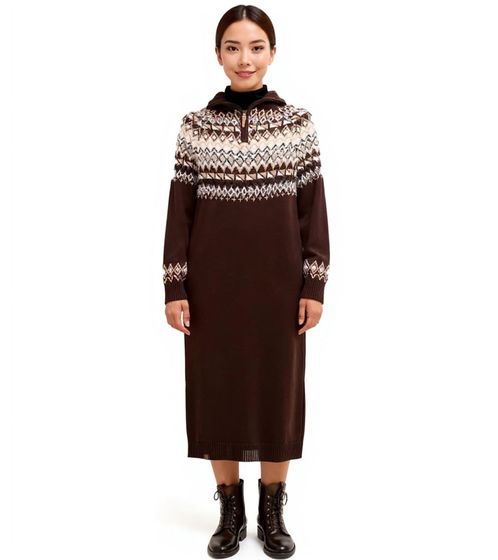 Damen Strick-Kleid Mini-Kleid mit kurzem Reißverschluss Langarm-Kleid 940631 Dunkelbraun