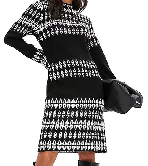 Damen Strick-Kleid mit Fairisle-Print Langarm-Kleid Herbst-Kleid 923627 Schwarz/Weiß